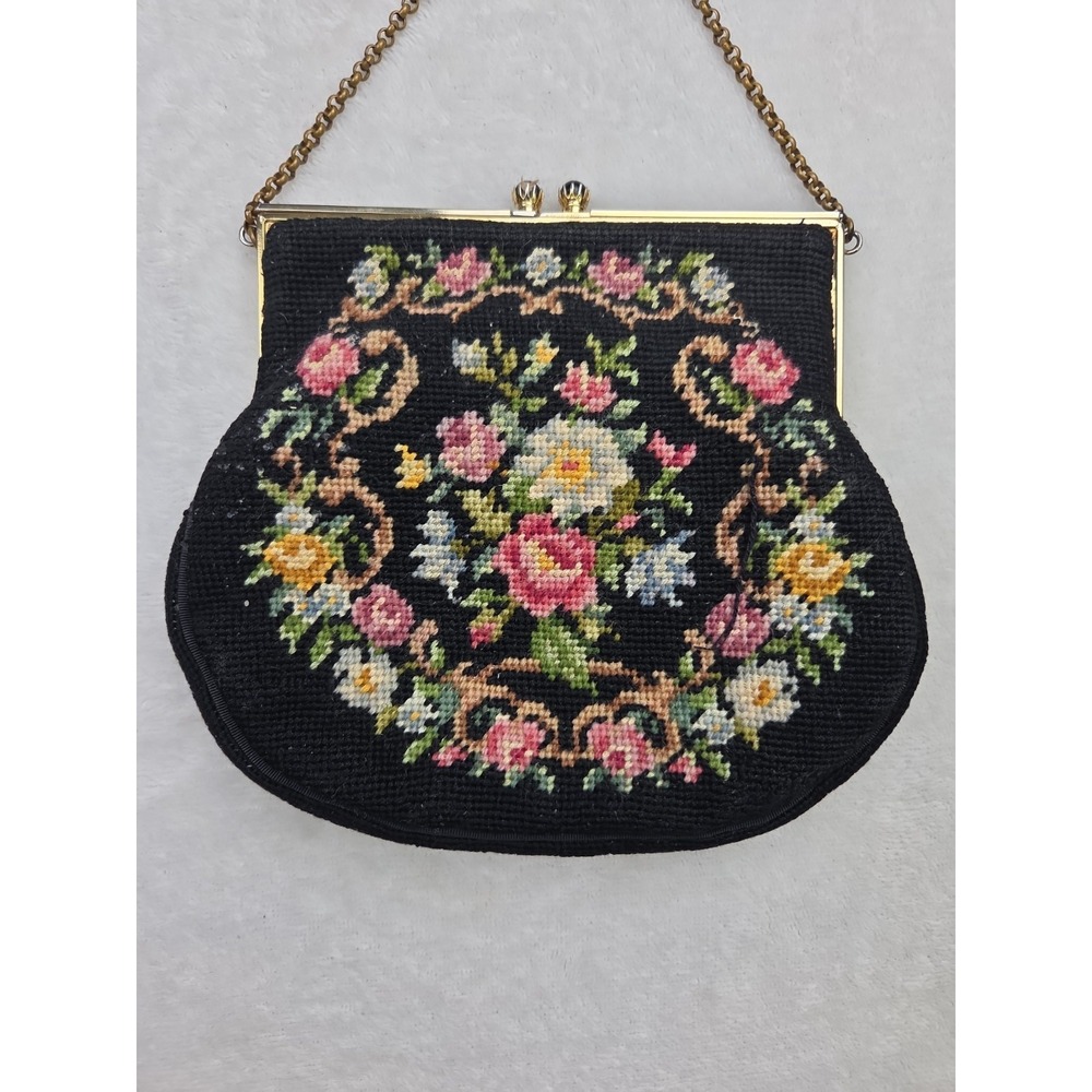 Vintage Handmade Needlepoint Petit Point Floral Hand Bag Purse Black Chain Strap - Picture 2 of 16